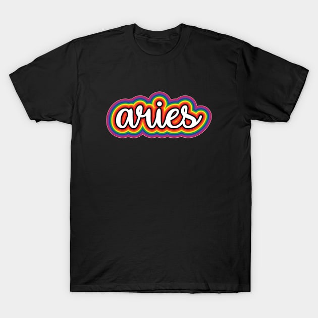 Aries Astrology Script Typography Gay Pride Rainbow T-Shirt by graphicbombdesigns